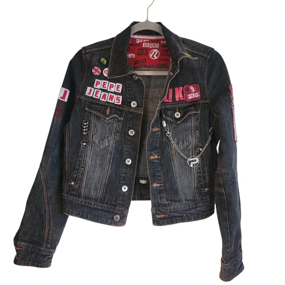 Pepe Jeans London Mens Distressed Denim Jacket Black Punk Graphic Patches Size M